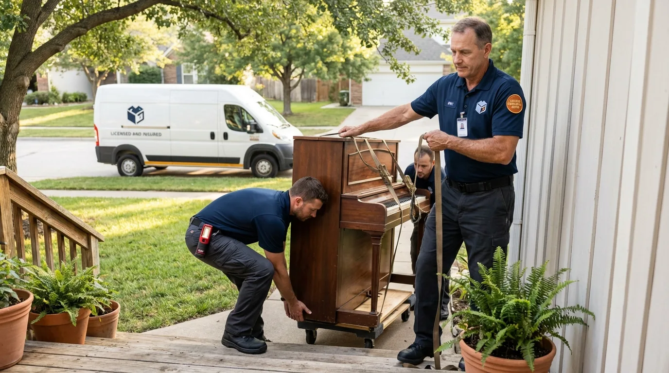 Licensed piano movers securing grand piano in Samson, AL