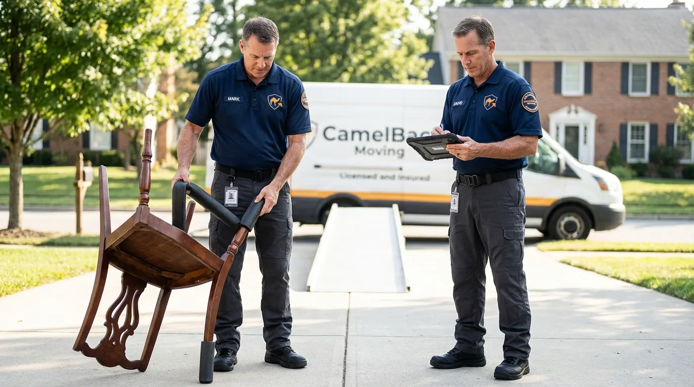 Movers inspecting furniture for damage prevention before loading in Samson, AL
