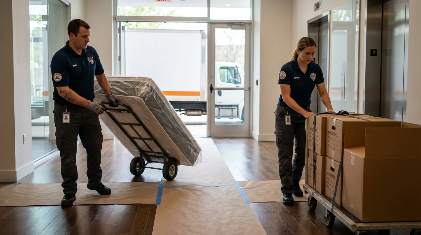 Professional apartment movers loading elevator in Samson, AL